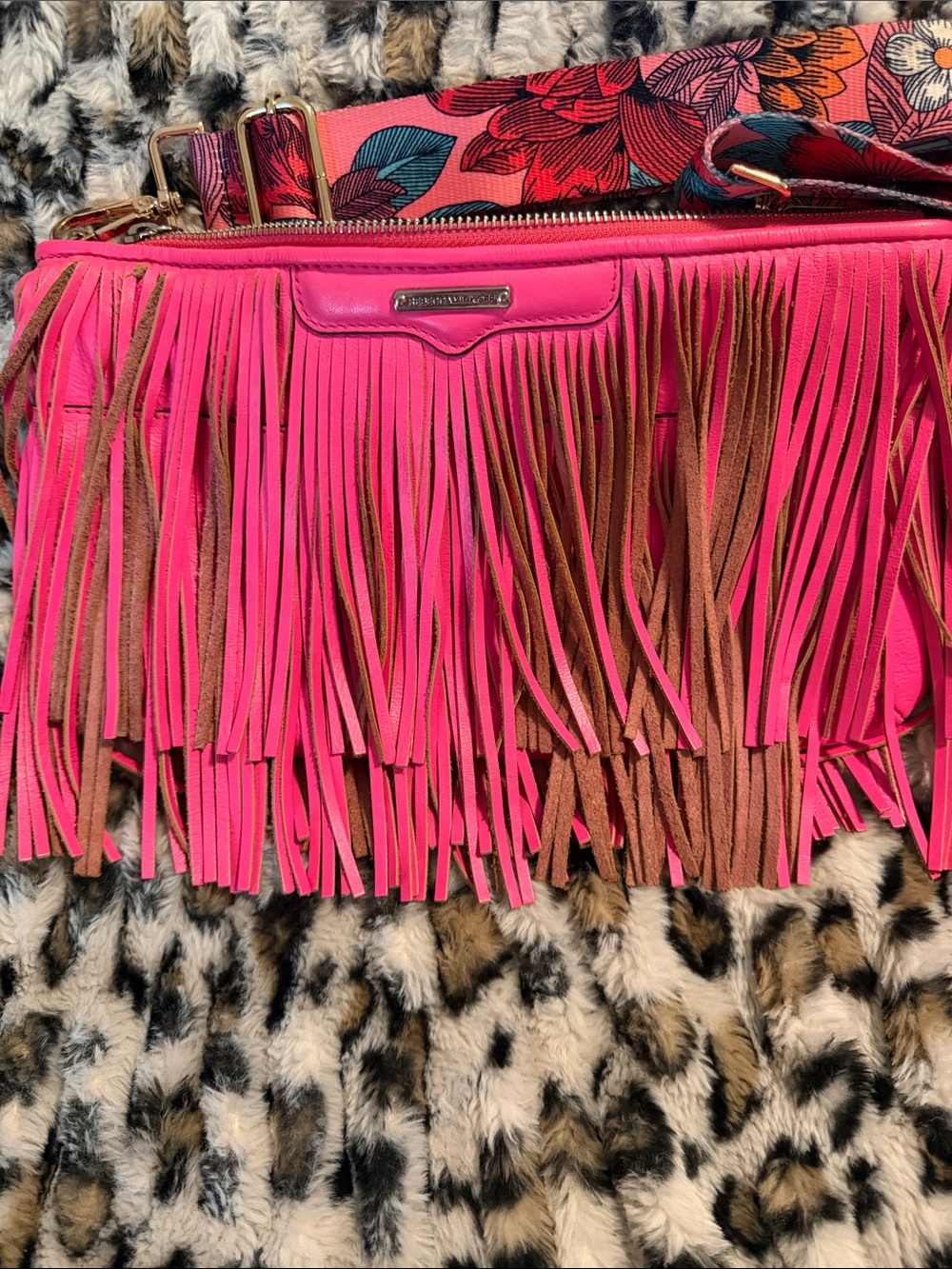 Rebecca Minkoff Hot Pink and Brown Fringe Crossbody with Printed Strap